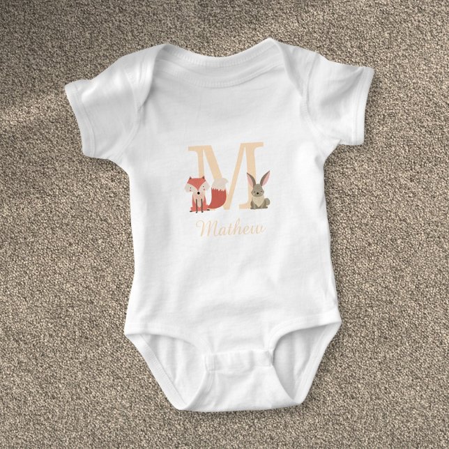 Cute Baby Woodland Rabbit Fox Monogram Bodysuit (Cute Baby Woodland Rabbit Fox Monogram Baby Bodysuit)