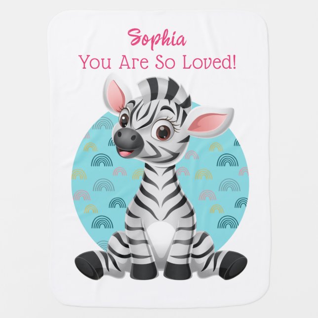 Cute Baby Zebra Art, Child's Name & Message Baby Blanket (Front)