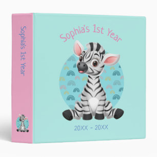 Cute Baby Zebra Cartoon, DIY Name, Date, Pale Teal 3 Ring Binder