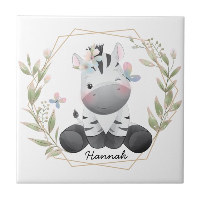 Cute Baby Zebra Flower Wreath Custom Name      Ceramic Tile (Front)