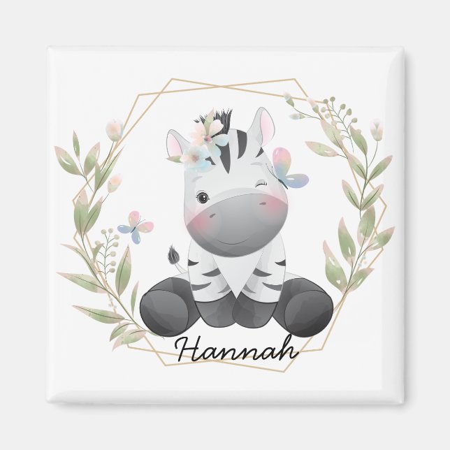 Cute Baby Zebra Flower Wreath Custom Name       Magnet (Front)