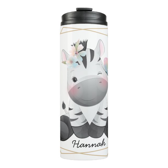 Cute Baby Zebra Flower Wreath Custom Name      Thermal Tumbler (Front)