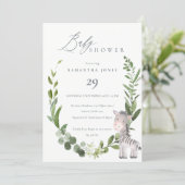 Cute Baby Zebra Foliage Wreath Baby Shower Invite (Standing Front)