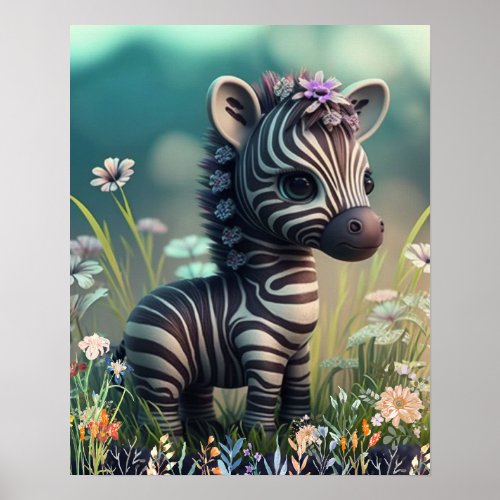 Cute baby zebra in garden of flowers art nursery poster