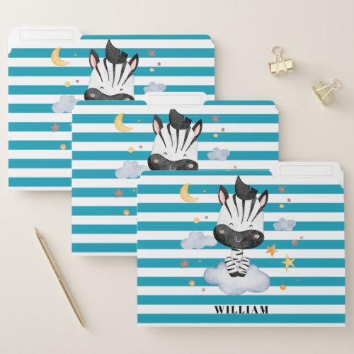 Cute Baby Zebra on Clouds Stars Moon Blue Stripes File Folder