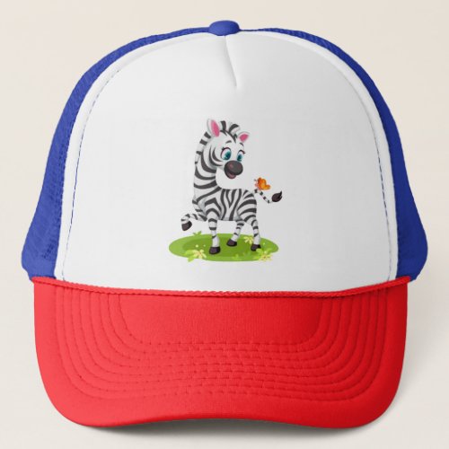 Cute Baby Zebra On Grass Cartoon Trucker Hat