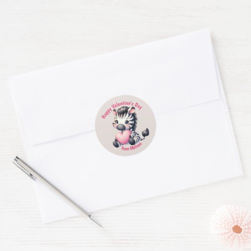 Cute Baby Zebra Pink Heart Valentine Classic Round Sticker