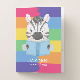 Cute Baby Zebra Reading Book Name Kids Rainbow Pocket Folder