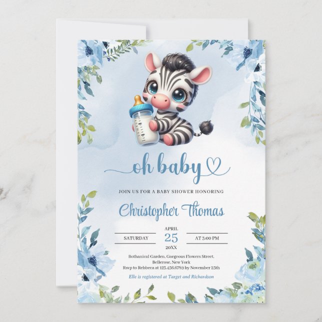 Cute baby zebra watercolor blue floral greenery invitation (Front)