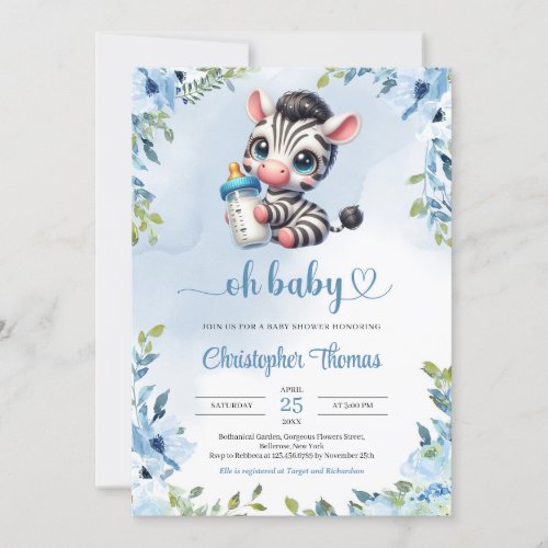 Cute baby zebra watercolor blue floral greenery invitation