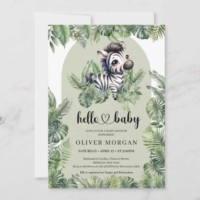 Cute baby zebra Watercolor tropical greenery  Invitation (Front)