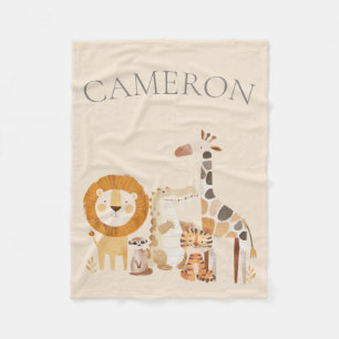 Cute Baby Zoo Animals Custom Name Beige Fleece Blanket