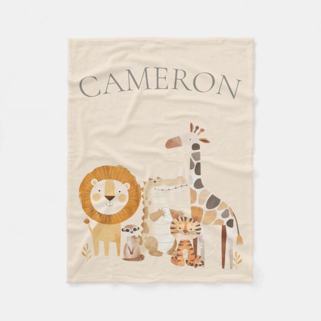 Cute Baby Zoo Animals Custom Name Beige Fleece Blanket (Front)