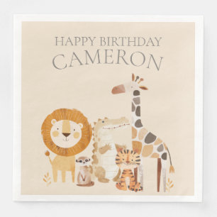 Cute Baby Zoo Animals Custom Name Beige Paper Dinner Napkins