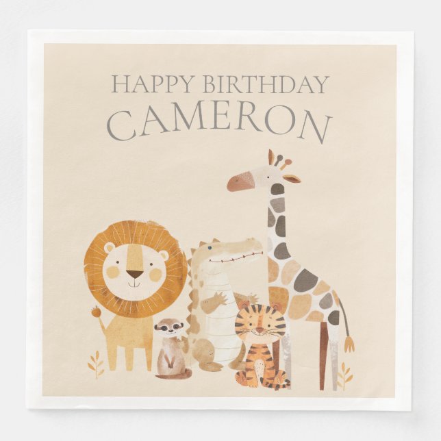Cute Baby Zoo Animals Custom Name Beige Paper Dinner Napkins (Front)
