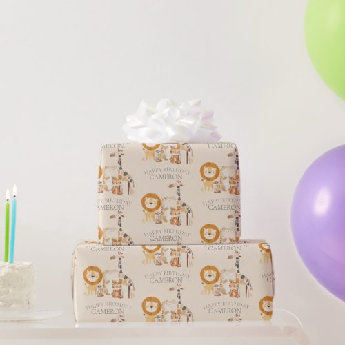 Cute Baby Zoo Animals Custom Name Beige Wrapping Paper
