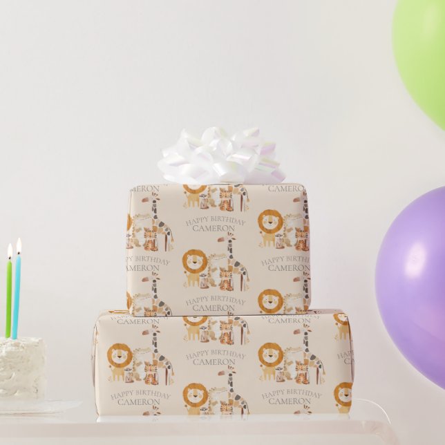 Cute Baby Zoo Animals Custom Name Beige Wrapping Paper (Party Gifts)