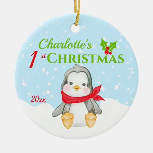 Cute Babys 1st Christmas Penguin Photo  Ceramic Ornament