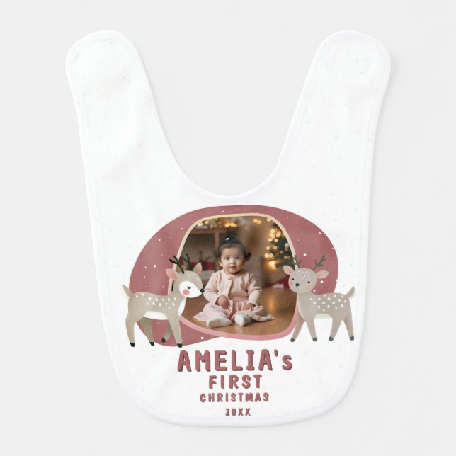 Cute Baby's 1st Christmas Photo Reindeer Baby Bib (Front)