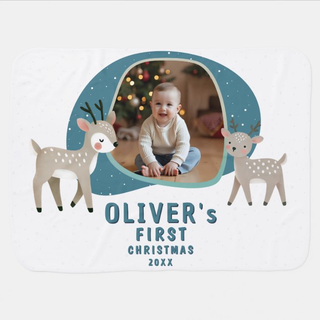 Cute Baby's 1st Christmas Photo Reindeer Baby Blanket (Horizontal)