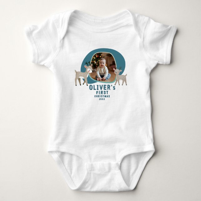 Cute Baby's 1st Christmas Photo Reindeer Baby Bodysuit (Front)