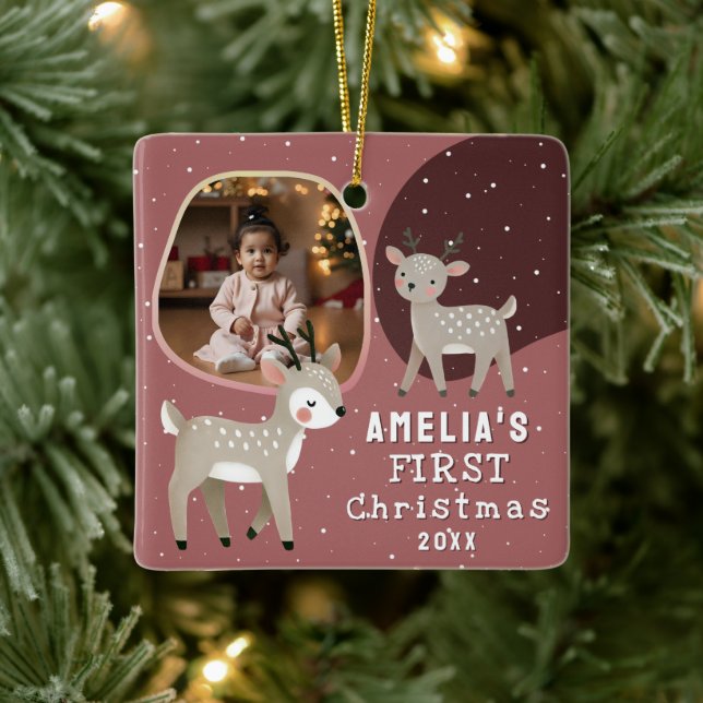 Cute Baby's 1st Christmas Photo Reindeer Ceramic Ornament (Tree)