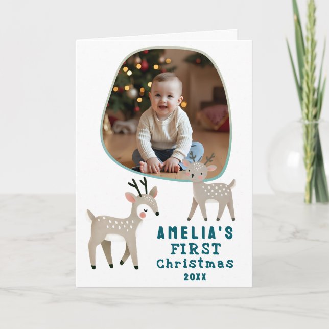 Cute Baby's 1st Christmas Photo Reindeer Holiday Card (Front)
