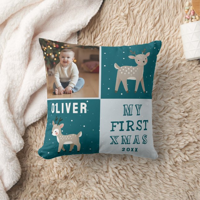 Cute Baby's 1st Christmas Photo Reindeer Throw Pillow (Blanket)