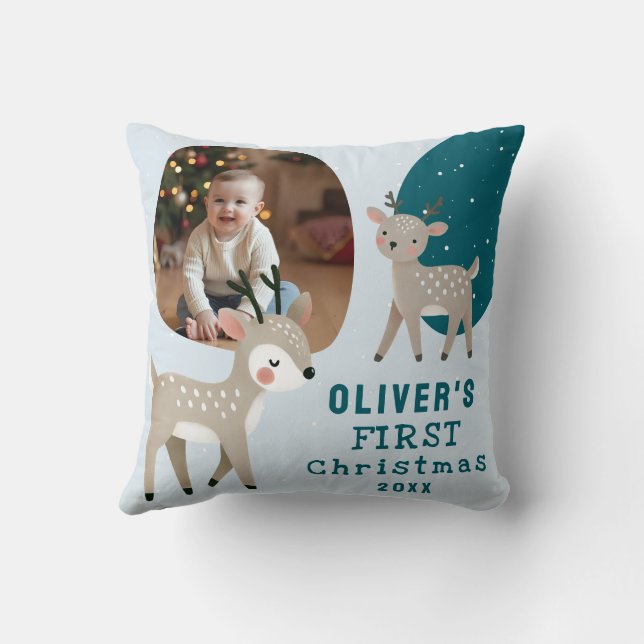 Cute Baby's 1st Christmas Photo Reindeer Throw Pillow (Back)