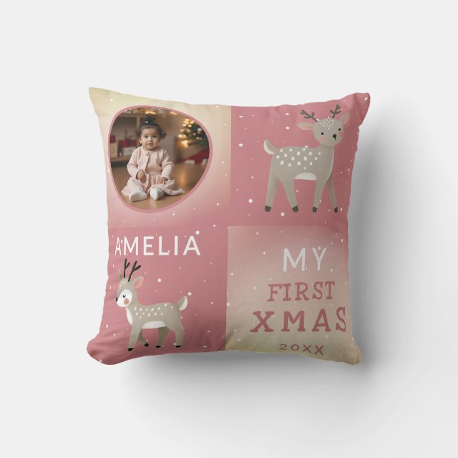 Cute Baby's 1st Christmas Photo Reindeer  Throw Pillow (Front)