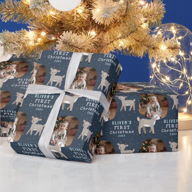 Cute Baby's 1st Christmas Photo Reindeer Wrapping Paper (Holidays)