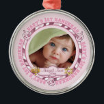 Cute Baby's 1st Hanukkah Dreidels Photo Name Metal Metal Ornament<br><div class="desc">Sweet photo design featuring the words "Baby's 1st Hanukkah" in the round interspersed with dreidel toys in a pink on pink color theme for a baby girl. Baby's name and year for you to personalize is flanked on either side with a Menorah and the Star of David (removeable object images)....</div>