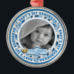 Cute Baby's 1st Hanukkah Dreidels Photo Name Metal Ornament<br><div class="desc">Sweet photo design featuring the words "Baby's 1st Hanukkah" in the round interspersed with dreidel toys. Baby's name and year for you to personalize is flanked on either side with a Menorah and the Star of David (removeable object images). Commemorate this momentous occasion with a keepsake you can cherish for...</div>