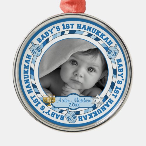 Cute Babys 1st Hanukkah Dreidels Photo Name Metal Ornament