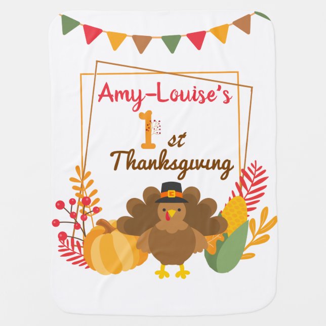 Cute Baby's 1st Thanksgiving Turkey Pumpkin Baby Blanket (Front)