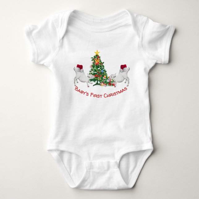 Cute Baby's First Christmas Baby Goats and Tree Baby Bodysuit (Front)