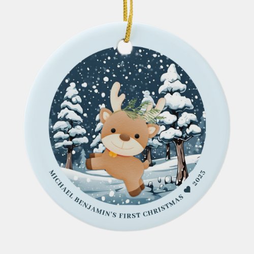 Cute Babys First Christmas Deer Snow Photo Ceramic Ornament