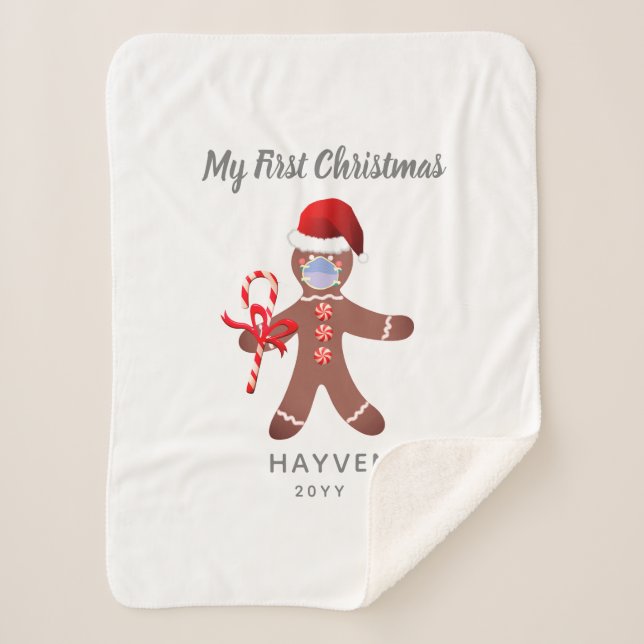 Cute Babys First Christmas Gingerbread Monogram Sherpa Blanket (Front)