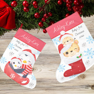 Cute Babys First Christmas Penguin and Cat Kitten Large Christmas Stocking