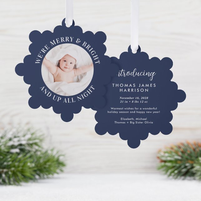 Cute Babys First Christmas Photo Blue Holiday Ornament Card (A beautiful and unique way to introduce family and friends to your baby this holiday season)
