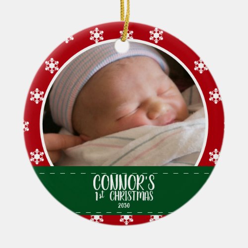 Cute Babys First Christmas Photo Red Snowflake Ceramic Ornament