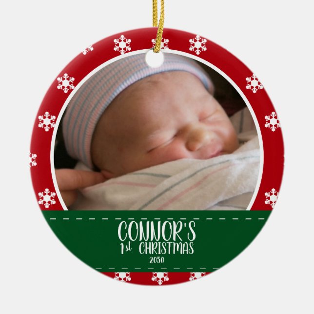 Cute Babys First Christmas Photo Red Snowflake Ceramic Ornament (Front)