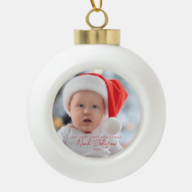 Cute Baby's First Christmas Photo White Ceramic Ball Christmas Ornament (Front)