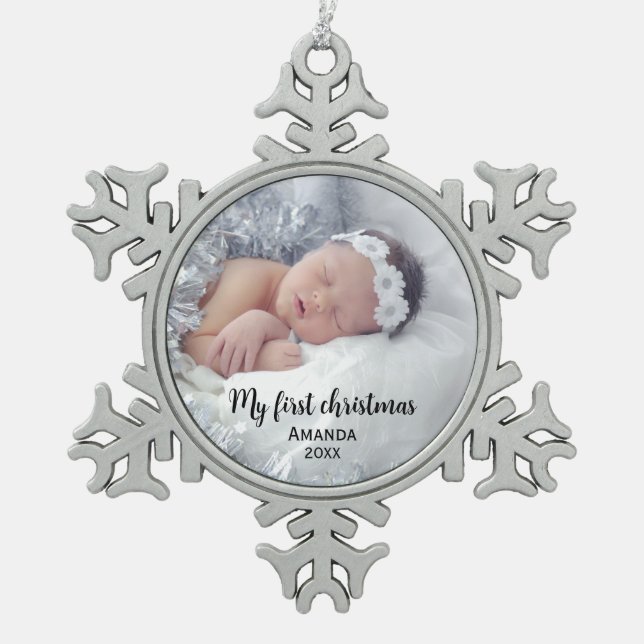 Cute baby's first christmas snowflake pewter christmas ornament (Front)