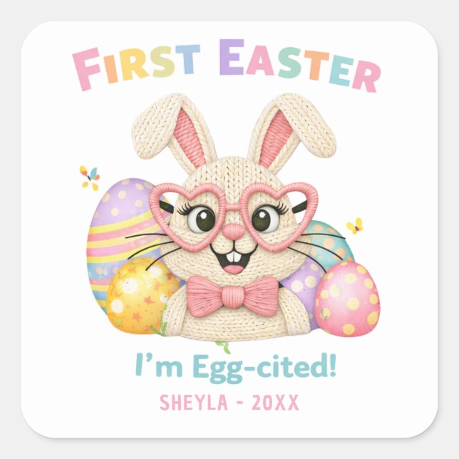 Cute Baby's First Easter Egg-cited Bunny Square Sticker (Front)