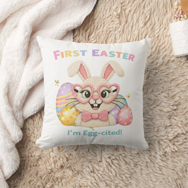 Cute Baby's First Easter Egg-cited Bunny Throw Pillow (Blanket)