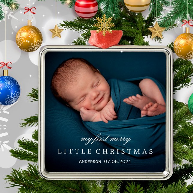 Cute Baby's My First Merry Little Christmas Photo  Metal Ornament (Creator Uploaded)
