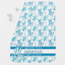 Cute Baby's Name Blue and Teal Watercolor Octopus Baby Blanket