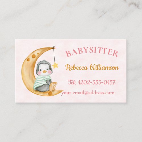 Cute Babysitter Penguin Moon Pink   Business Card