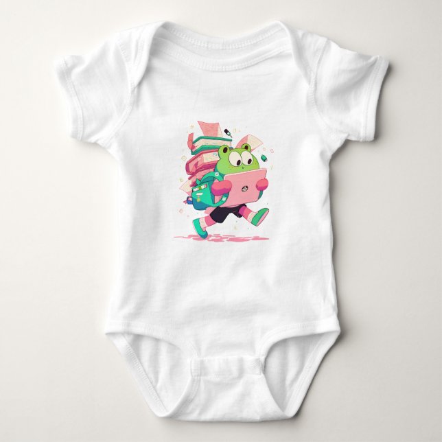 Cute Back to School Frog with Books and Backpack Baby Bodysuit (Front)